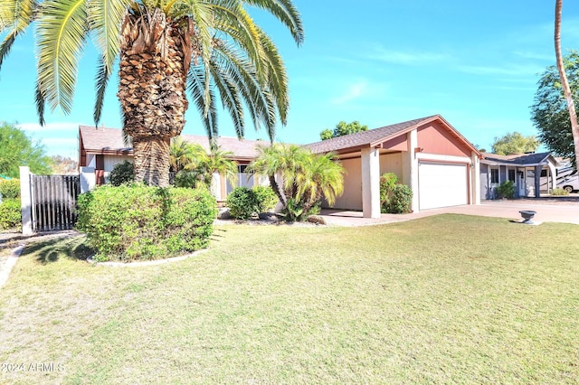 ranch-style house with a front yard and a garage