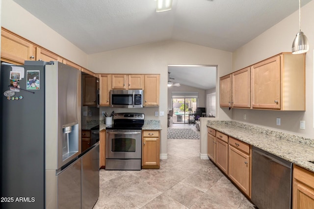 kitchen featuring light tile patterned floors, lofted ceiling, appliances with stainless steel finishes, light stone countertops, and light brown cabinets