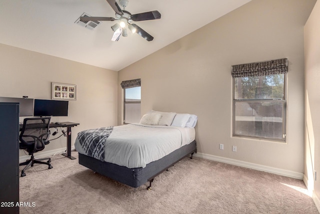 carpeted bedroom with lofted ceiling, visible vents, ceiling fan, and baseboards