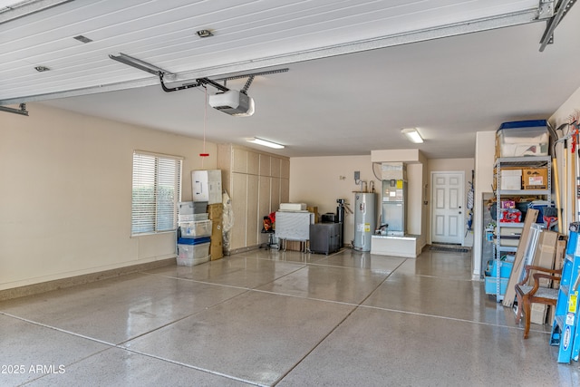 garage with heating unit, a garage door opener, and water heater