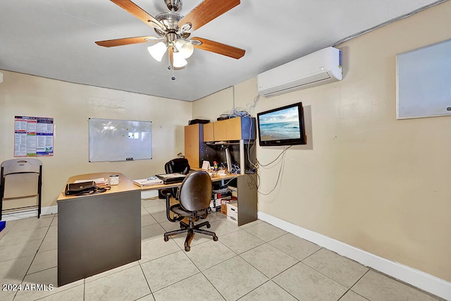 home office featuring an AC wall unit, ceiling fan, and light tile flooring