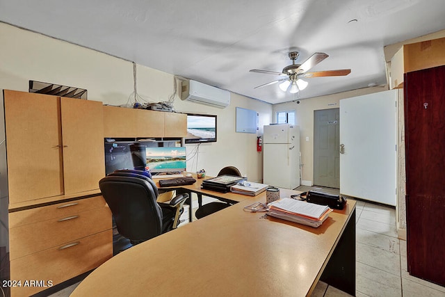 office with a wall unit AC, ceiling fan, and light tile flooring