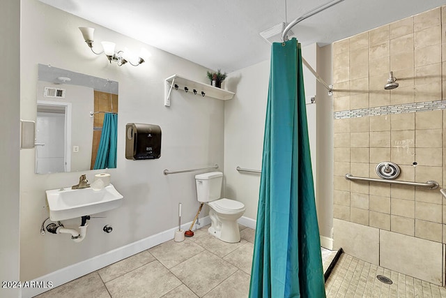 bathroom featuring a shower with curtain, sink, toilet, and tile flooring