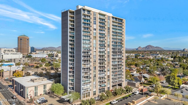 view of building exterior featuring a mountain view