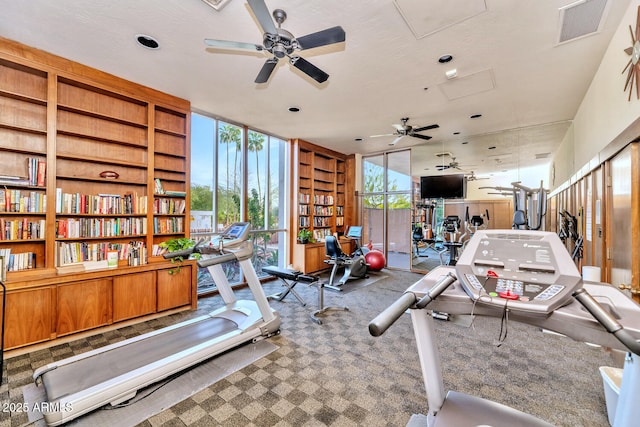 exercise room featuring ceiling fan, carpet, and expansive windows