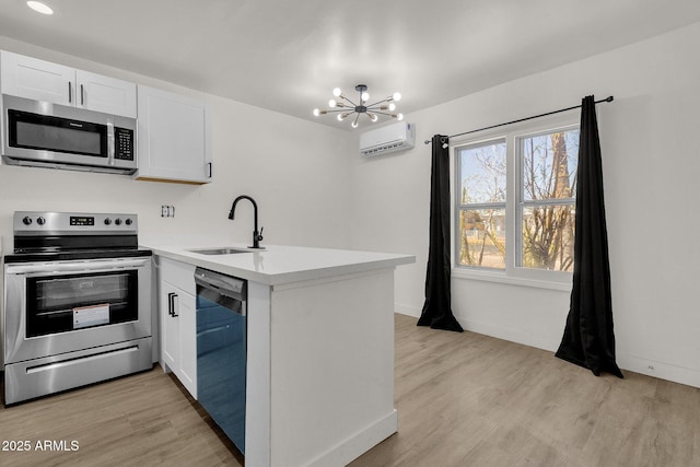 kitchen featuring white cabinetry, sink, a notable chandelier, kitchen peninsula, and appliances with stainless steel finishes