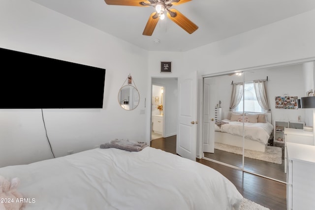 bedroom featuring ceiling fan, a closet, and dark hardwood / wood-style floors