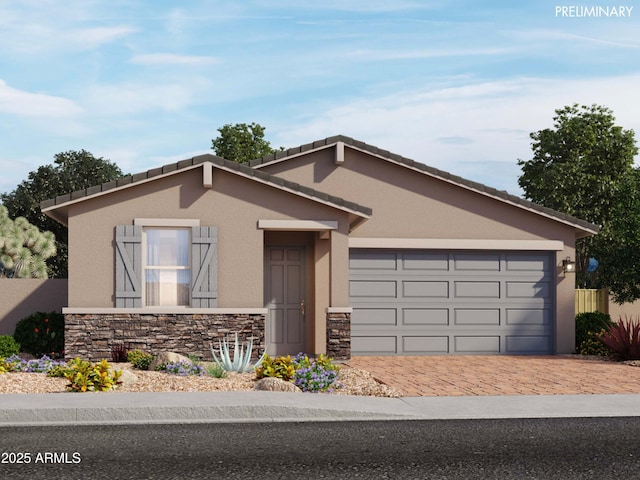 view of front of home with decorative driveway, stone siding, a garage, and stucco siding