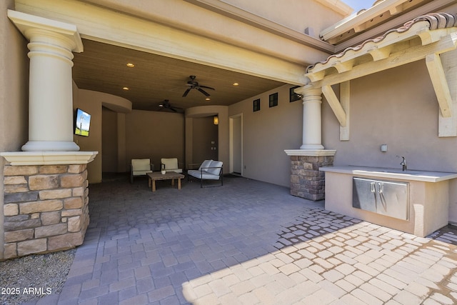 3812 E Camelback Rd, Phoenix, AZ 85018 - view of patio featuring area for grilling, ceiling fan, and a sink
