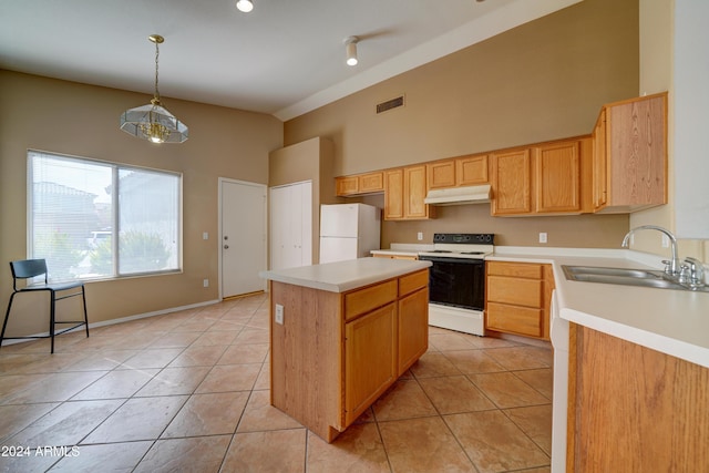 kitchen with freestanding refrigerator, under cabinet range hood, electric range oven, a sink, and high vaulted ceiling