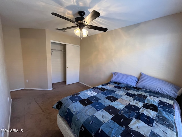 unfurnished bedroom featuring a closet, ceiling fan, and carpet