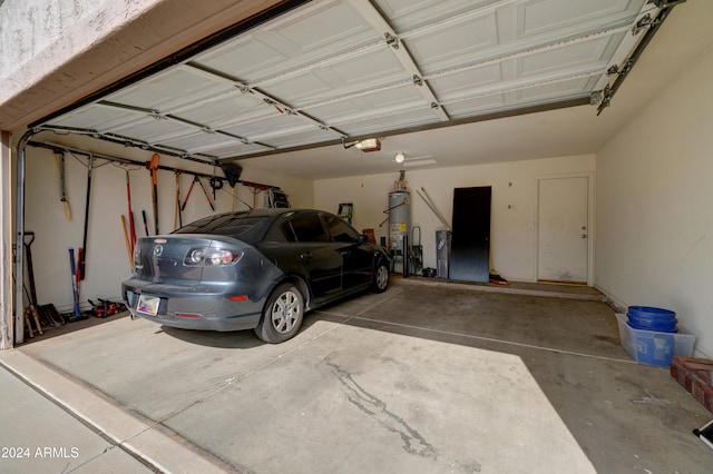 garage with a garage door opener and gas water heater