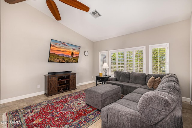 14819 W Lupine Ln, Surprise, AZ 85374 - living room with a ceiling fan, vaulted ceiling, and baseboards