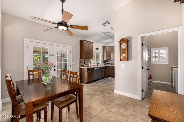 14819 W Lupine Ln, Surprise, AZ 85374 - dining area featuring ceiling fan, healthy amount of natural light, baseboards, and french doors