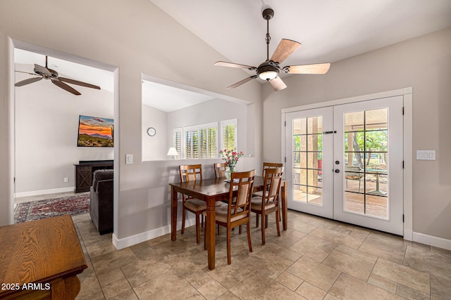14819 W Lupine Ln, Surprise, AZ 85374 - dining room with a ceiling fan, baseboards, french doors, healthy amount of natural light, and vaulted ceiling