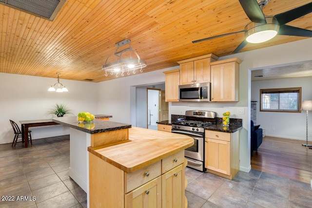 803 W 18th St, Tempe, AZ 85281 - kitchen with stainless steel appliances, light brown cabinets, a kitchen island, wood counters, and wood ceiling