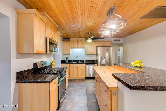 803 W 18th St, Tempe, AZ 85281 - kitchen with appliances with stainless steel finishes, light brown cabinetry, a sink, wooden ceiling, and butcher block countertops