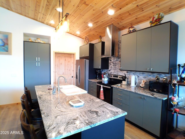 kitchen featuring stainless steel appliances, lofted ceiling, wood ceiling, a sink, and exhaust hood