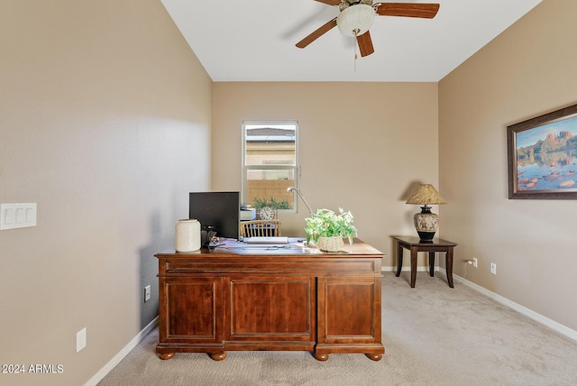 office area with light carpet and ceiling fan