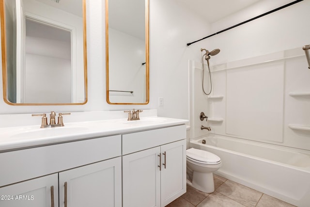 full bathroom with toilet, double vanity, tile patterned floors, and bathing tub / shower combination