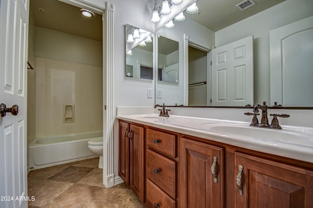 full bathroom featuring bathtub / shower combination, toilet, dual vanity, and tile flooring