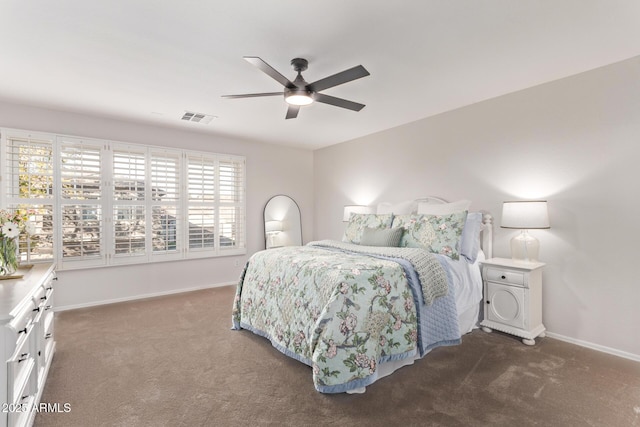 bedroom with ceiling fan and dark colored carpet