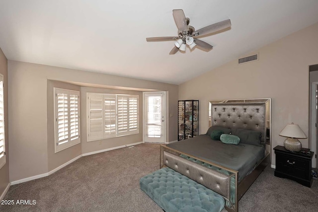 carpeted bedroom with lofted ceiling, ceiling fan, visible vents, baseboards, and access to outside