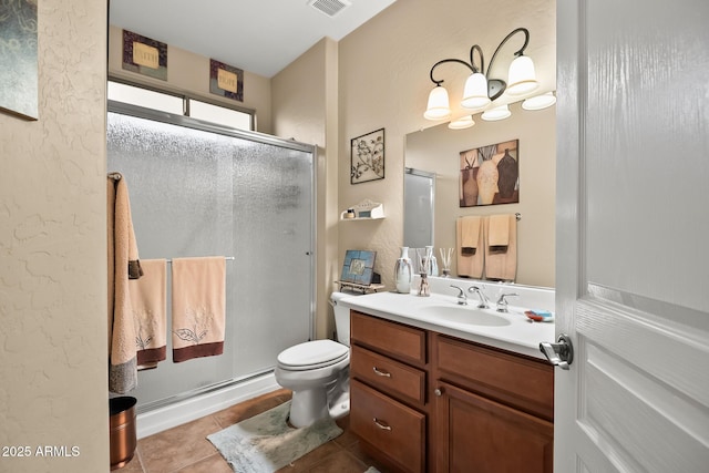 full bath featuring visible vents, tile patterned flooring, a shower stall, and vanity