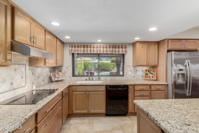 410 E Beck Ln, Phoenix, AZ 85022 - kitchen featuring black appliances, a sink, under cabinet range hood, light stone countertops, and backsplash