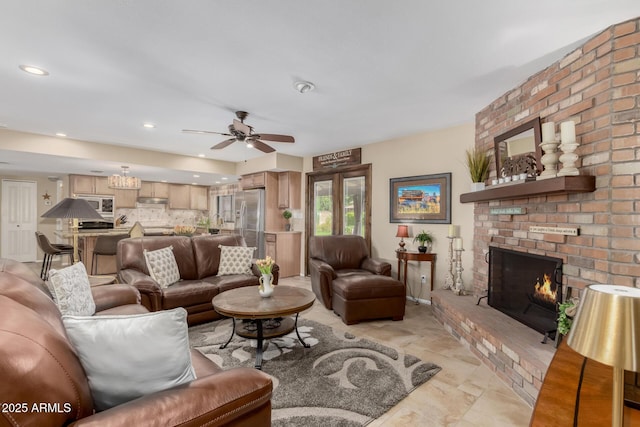 410 E Beck Ln, Phoenix, AZ 85022 - living room featuring a brick fireplace, ceiling fan, and recessed lighting