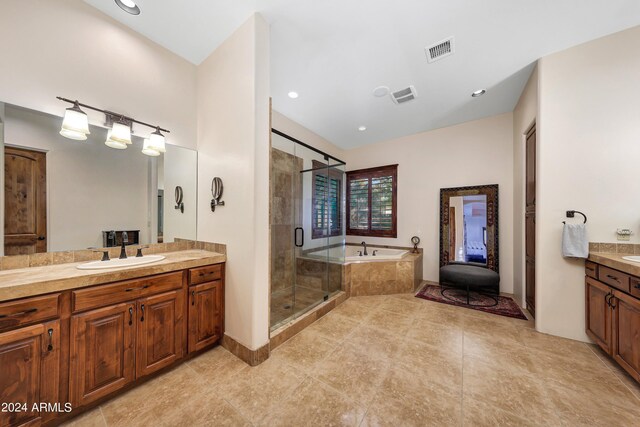 28217 N 139th St, Scottsdale, AZ 85262 - full bath featuring two vanities, a shower stall, a garden tub, tile patterned flooring, and recessed lighting