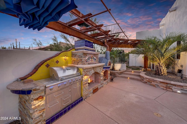 patio terrace at dusk featuring a grill, area for grilling, and a pergola