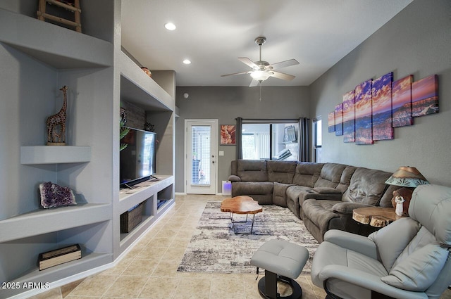 living room featuring recessed lighting, built in features, ceiling fan, and tile patterned flooring