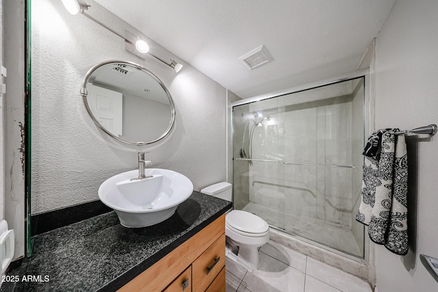 full bathroom featuring tile patterned flooring, visible vents, toilet, a stall shower, and vanity