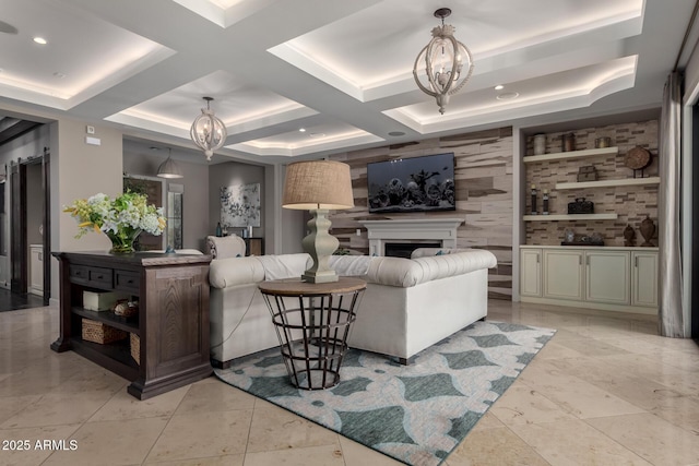 17673 E Bronco Dr, Queen Creek, AZ 85142 - living room with recessed lighting, a fireplace, a notable chandelier, and coffered ceiling