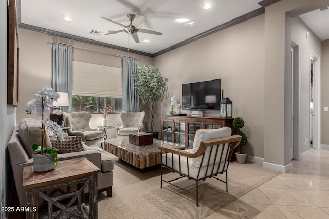 17673 E Bronco Dr, Queen Creek, AZ 85142 - living area with a ceiling fan, visible vents, and ornamental molding