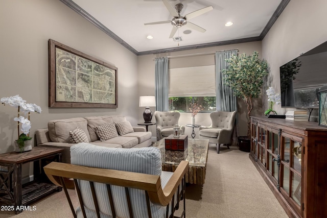 17673 E Bronco Dr, Queen Creek, AZ 85142 - sitting room featuring ceiling fan, light carpet, ornamental molding, and visible vents