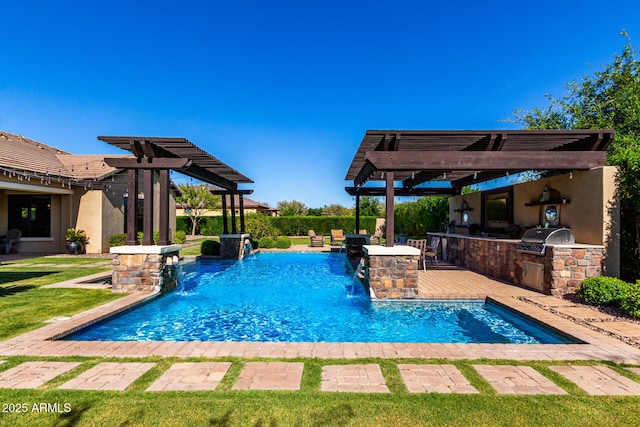 17673 E Bronco Dr, Queen Creek, AZ 85142 - pool featuring exterior kitchen, a pergola, a patio, and a grill