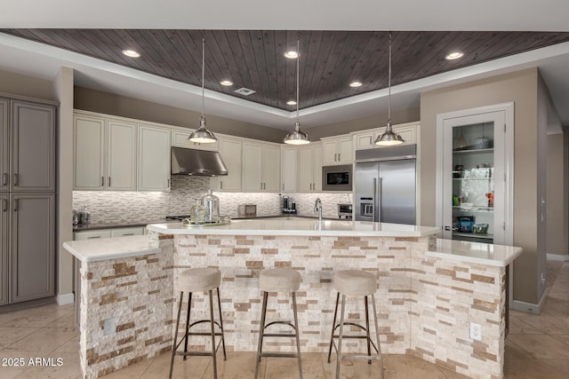 17673 E Bronco Dr, Queen Creek, AZ 85142 - kitchen featuring a large island with sink, a tray ceiling, built in appliances, decorative backsplash, and under cabinet range hood