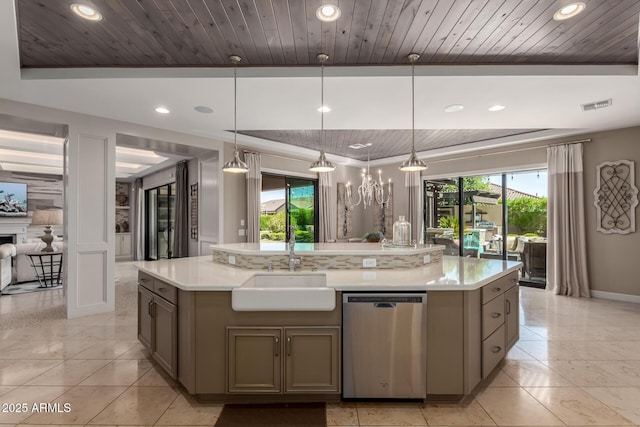 17673 E Bronco Dr, Queen Creek, AZ 85142 - kitchen featuring stainless steel dishwasher, a kitchen island with sink, visible vents, and plenty of natural light