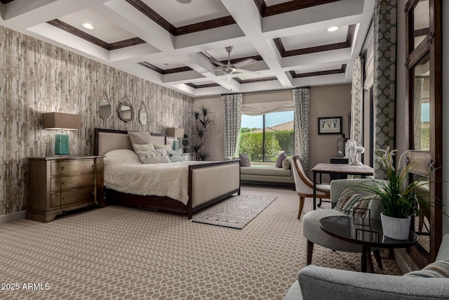 17673 E Bronco Dr, Queen Creek, AZ 85142 - carpeted bedroom with beam ceiling, baseboards, ornamental molding, and coffered ceiling