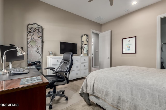 17673 E Bronco Dr, Queen Creek, AZ 85142 - bedroom with ceiling fan, carpet floors, visible vents, and recessed lighting