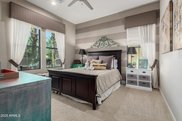 17673 E Bronco Dr, Queen Creek, AZ 85142 - bedroom featuring ceiling fan, visible vents, recessed lighting, and light colored carpet