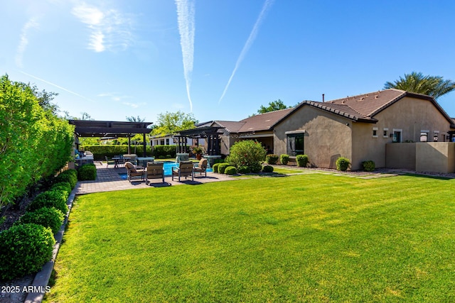 17673 E Bronco Dr, Queen Creek, AZ 85142 - back of house featuring a pergola, a patio area, fence, a yard, and stucco siding