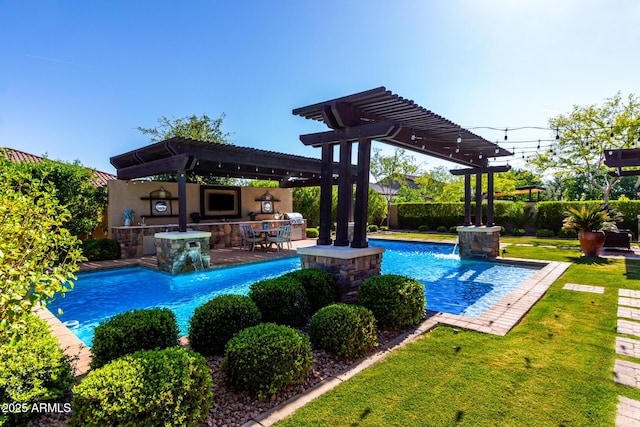 17673 E Bronco Dr, Queen Creek, AZ 85142 - view of pool with a fenced in pool, outdoor dry bar, exterior kitchen, a pergola, and a fenced backyard
