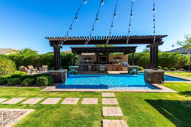 17673 E Bronco Dr, Queen Creek, AZ 85142 - view of pool featuring a fenced in pool, a pergola, a yard, area for grilling, and a patio