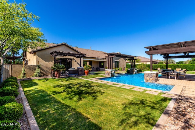 17673 E Bronco Dr, Queen Creek, AZ 85142 - view of pool featuring a pergola, a fenced in pool, a lawn, and fence
