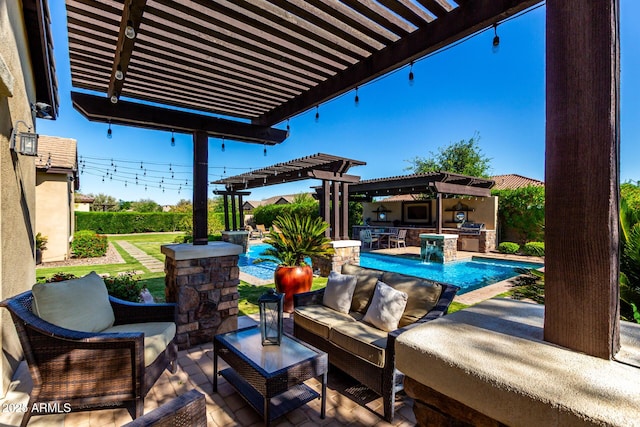 17673 E Bronco Dr, Queen Creek, AZ 85142 - view of patio / terrace featuring a pergola, outdoor lounge area, an outdoor pool, and area for grilling