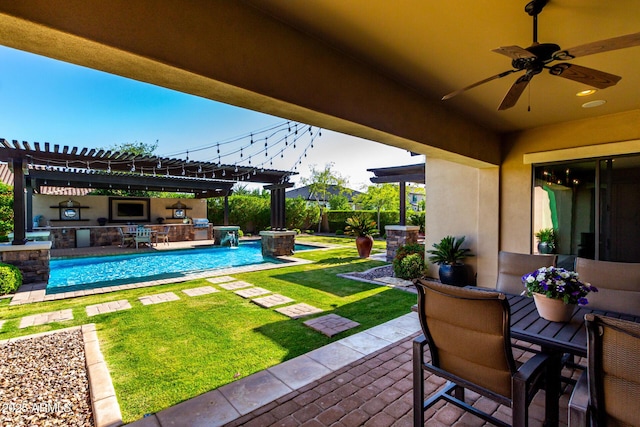 17673 E Bronco Dr, Queen Creek, AZ 85142 - view of patio / terrace with outdoor dining space, ceiling fan, a fenced in pool, and area for grilling