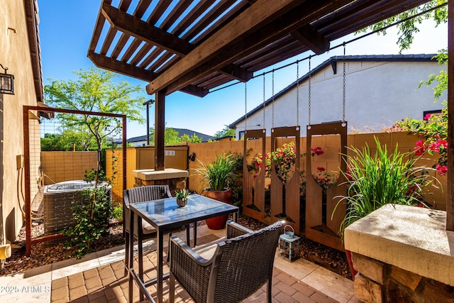 17673 E Bronco Dr, Queen Creek, AZ 85142 - view of patio / terrace with a pergola, outdoor dining area, and a fenced backyard